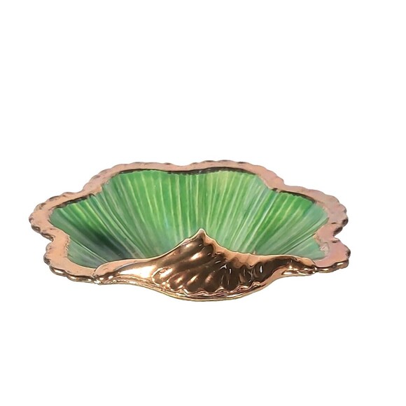VTG Green & Gold Ceramic Shell Dish Seashell Scroll Bowl- Maker's Mark "G" MCM - Picture 5 of 12